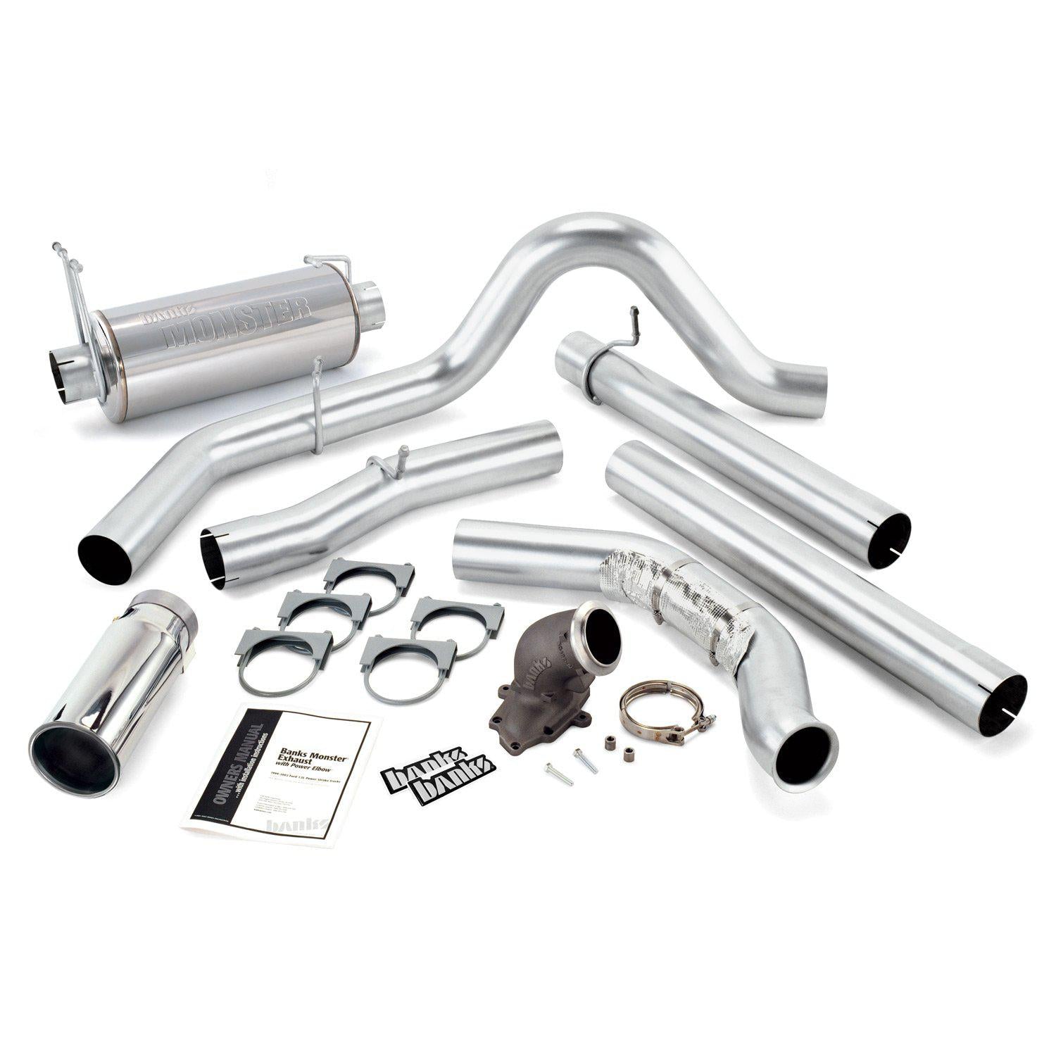 1999 Powerstroke Monster Exhaust W/Power Elbow w/Single Exit Chrome Tip w/Catyletic Converter (48658)-Exhaust System Kit-Banks Power-48658-Dirty Diesel Customs