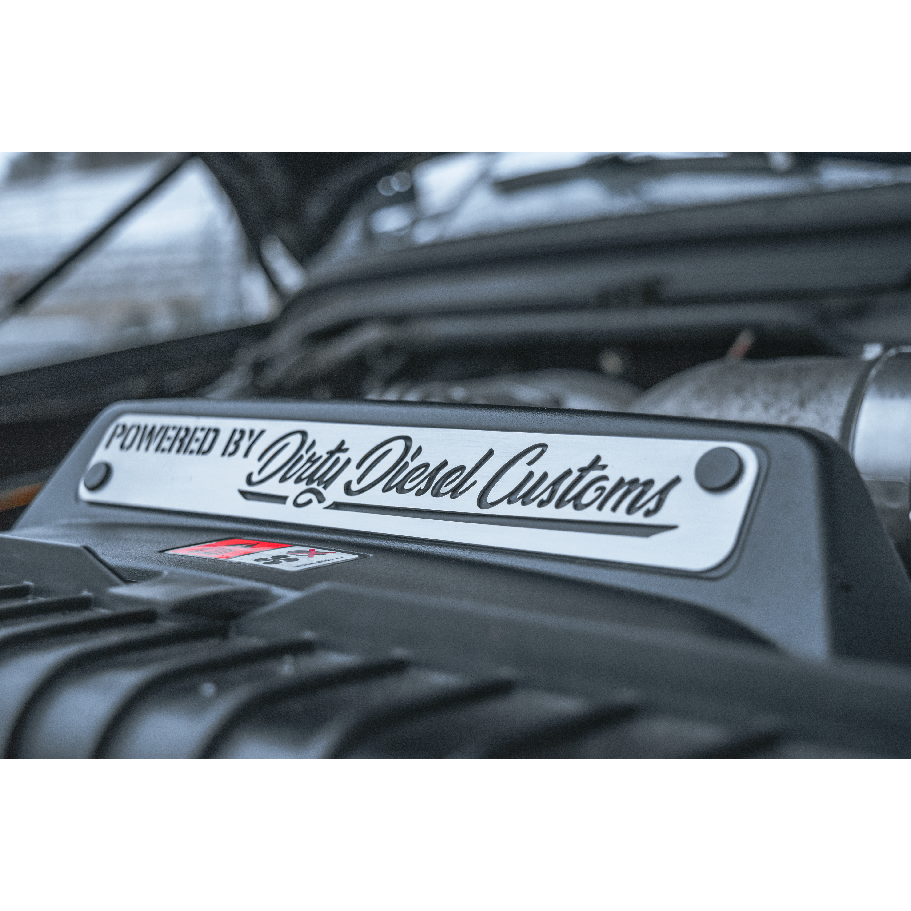 Universal Powered By Dirty Engine Placard-Placard-Dirty Diesel Customs-060-ENG-A010-Dirty Diesel Customs